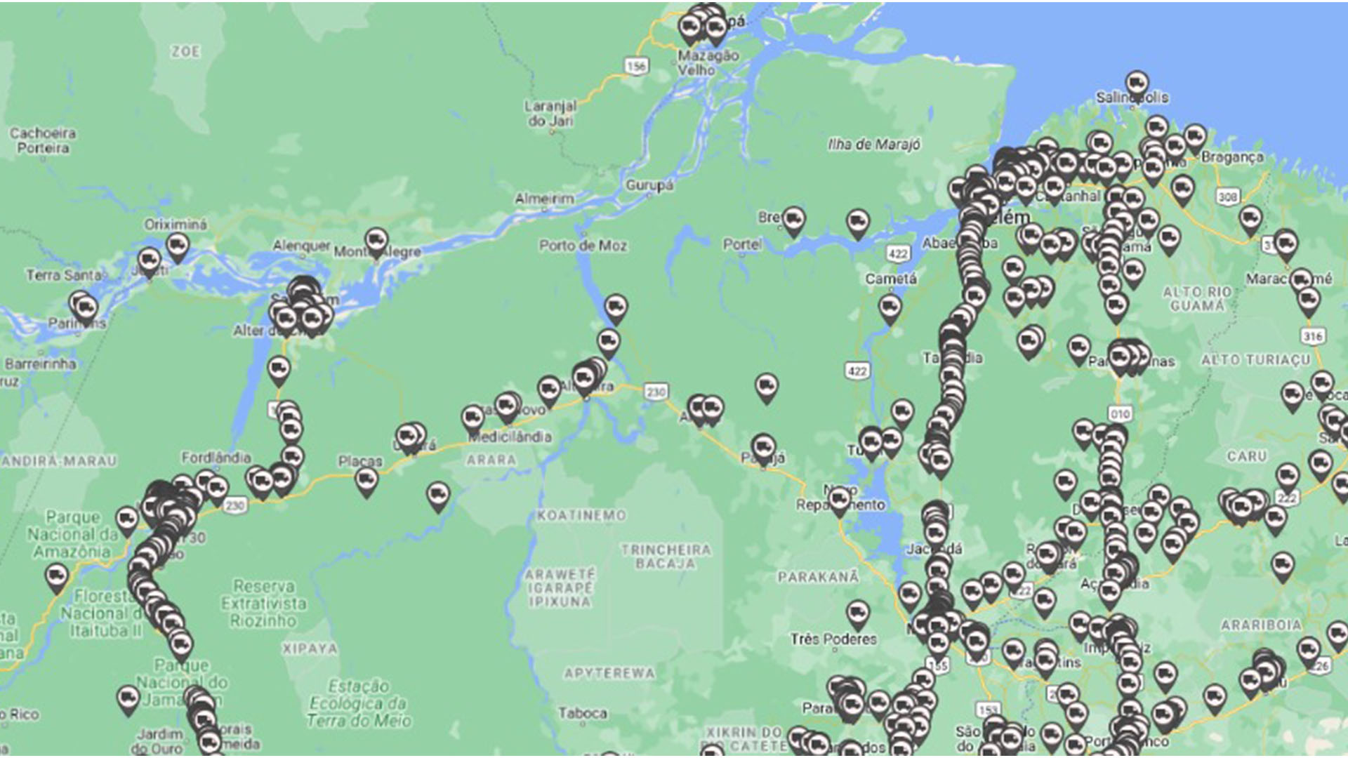 Mapa dos caminhões no Arco Norte